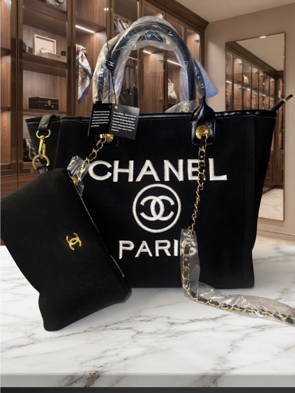 Brand New!! Black Canvas Tote with Gold Chain Accents and Removable Pouch👇